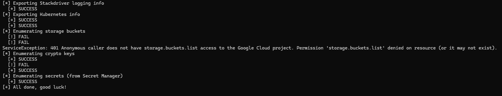 gcp_enum run — Storage bucket returns 401
